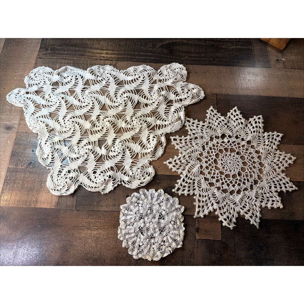 Hand Crochet Doily Lot of 3 Off White Lace Table Topper Runner Star Vtg 6-20"